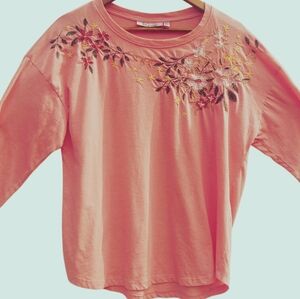 IB Diffusion Women's Peach Top Large Embroidery Elbow Length Sleeves Cotton Poly